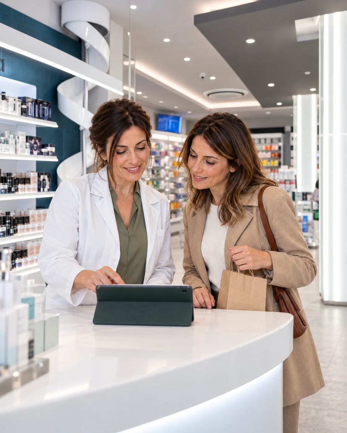 Una farmacista affianca una cliente al tablet nella farmacia Bellini, con banco curvo e arredi Sartoretto Verna